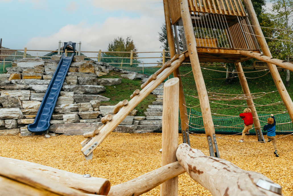 natural playground hill, log climber, ropes, and tower climber